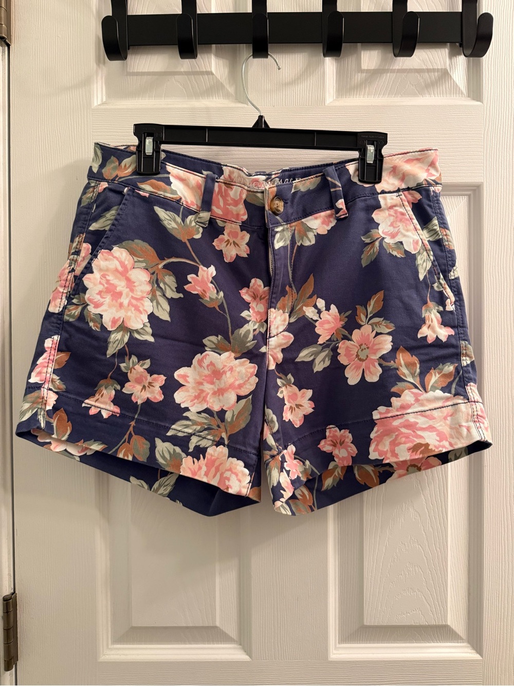 American Eagle Outfitters navy and pink floral stretch shorts